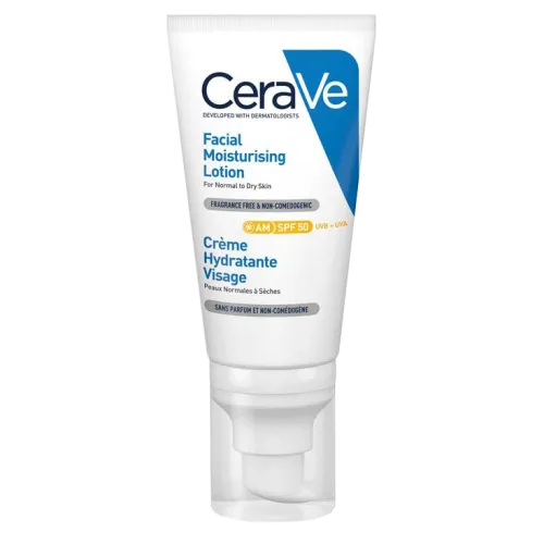 لوسیون ضد آفتاب بی رنگ سراوی مدل AM مرطوب کننده و محافظت کننده SPF 50 مناسب پوست نرمال تا خشک