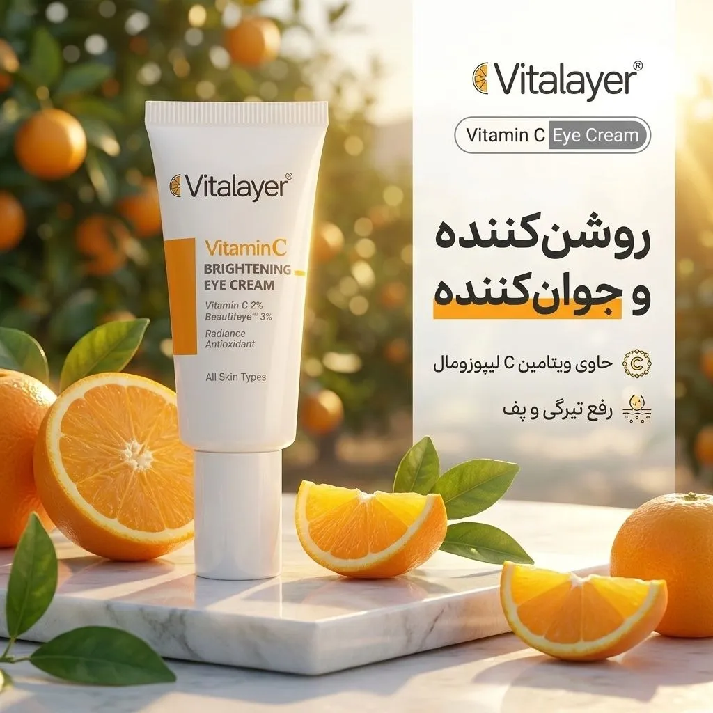 تست روی پوست و نمای نزدیک کرم روشن کننده دور چشم ویتامین سی