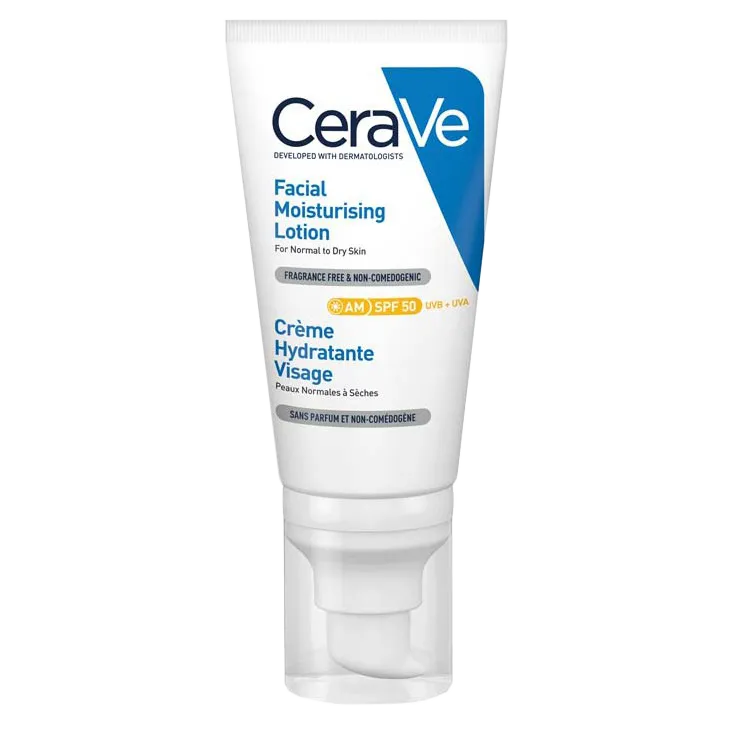 نمای اصلی و بسته‌بندی لوسیون ضد آفتاب بی رنگ سراوی مدل AM مرطوب کننده و محافظت کننده SPF 50