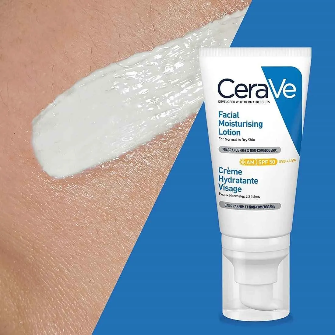 جزئیات و زوایای دیگر لوسیون ضد آفتاب بی رنگ سراوی مدل AM مرطوب کننده و محافظت کننده SPF 50